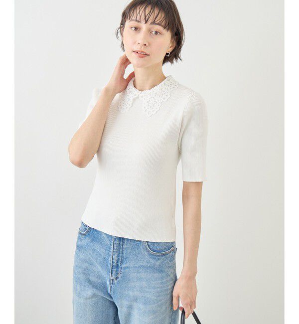 Rope&rsquo;Picnic「レースカラーハーフスリーブリブニット」|ニット・セーター|