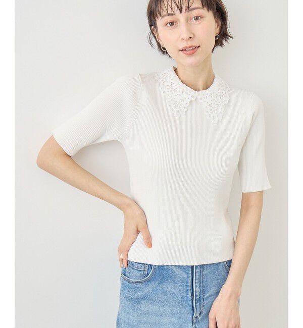 Rope&rsquo;Picnic「レースカラーハーフスリーブリブニット」|ニット・セーター|