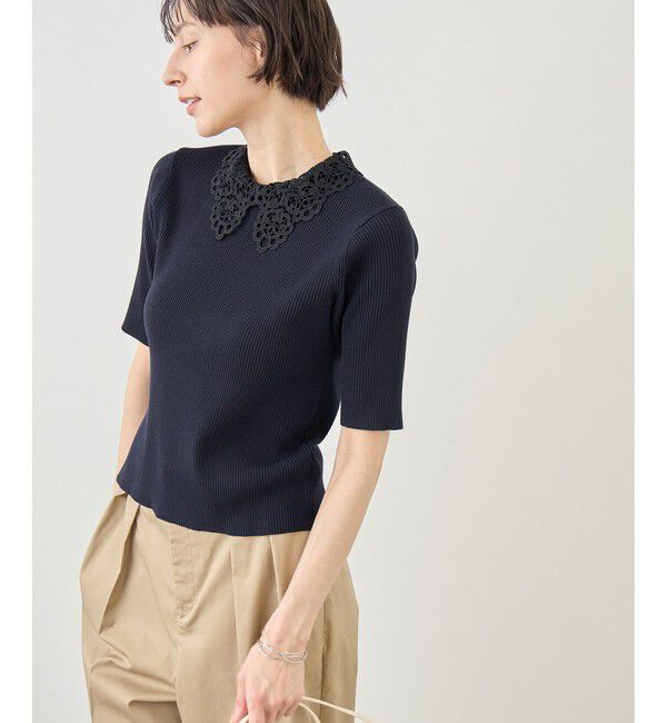 Rope&rsquo;Picnic「レースカラーハーフスリーブリブニット」|ニット・セーター|