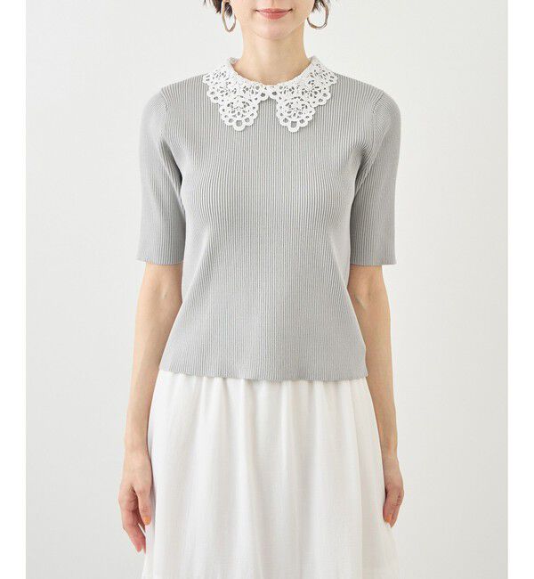 Rope&rsquo;Picnic「レースカラーハーフスリーブリブニット」|ニット・セーター|