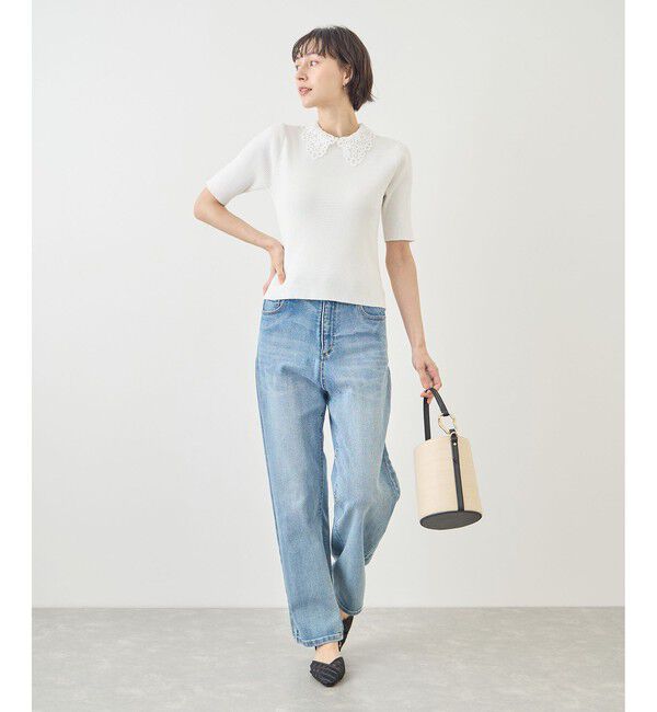 Rope&rsquo;Picnic「レースカラーハーフスリーブリブニット」|ニット・セーター|