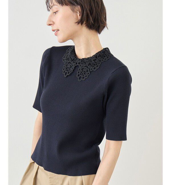 Rope&rsquo;Picnic「レースカラーハーフスリーブリブニット」|ニット・セーター|ネイビー(40)