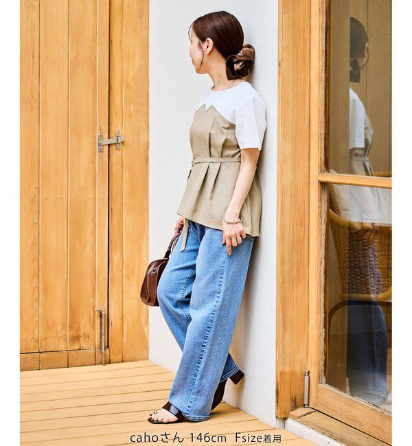 Rope&rsquo;Picnic「【cahoさんコラボ】低身長・小柄さんサイズ エアリーリネンライク ドッキングカットトップス」|Tシャツ・カットソー|