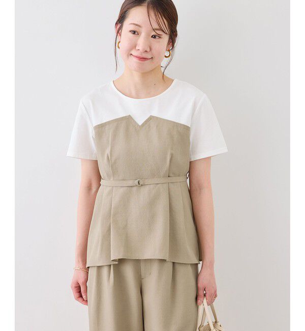 Rope&rsquo;Picnic「【cahoさんコラボ】低身長・小柄さんサイズ エアリーリネンライク ドッキングカットトップス」|Tシャツ・カットソー|