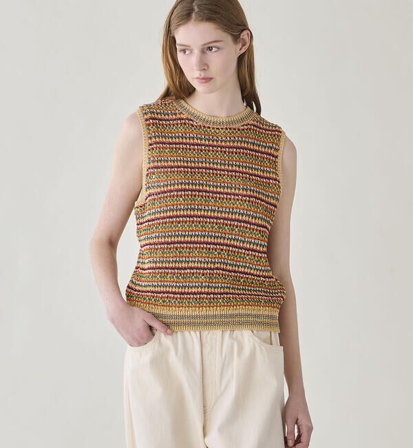  「COOHEM | マルチボーダー ニットベスト WOMEN」|ベスト・ジレ|RED系1