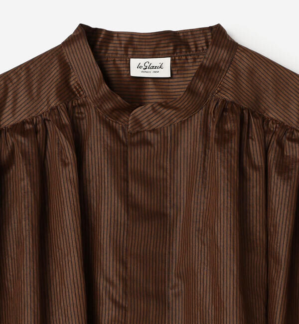 LE GLAZIK「LE GLAZIK | シアーボーダー スタンドカラープルオーバーシャツ WOMEN」|シャツ・ブラウス|