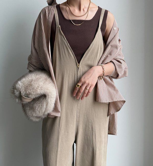  「細紐デニムフロントジップサロペット」|ワンピース|