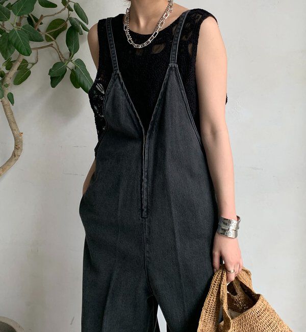  「細紐デニムフロントジップサロペット」|ワンピース|