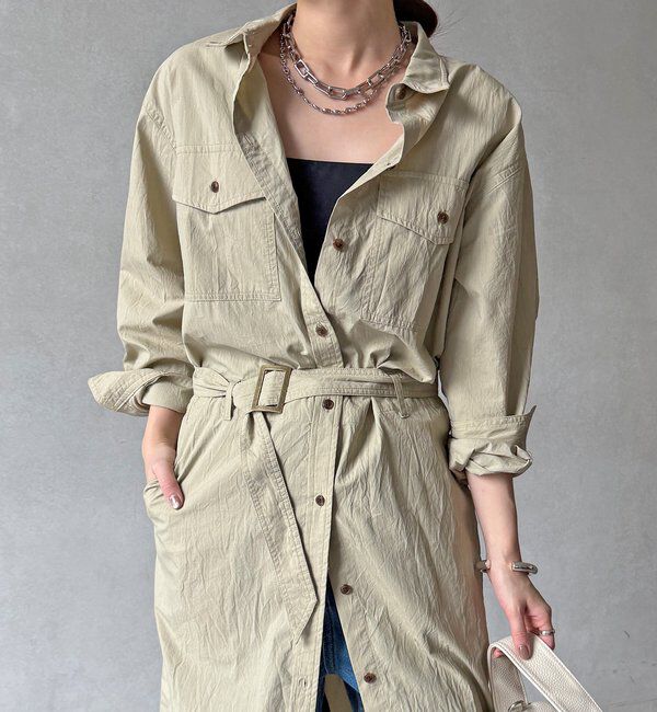  「【WEB限定】ワイヤーカラーロングシャツワンピース」|ワンピース|ベージュ