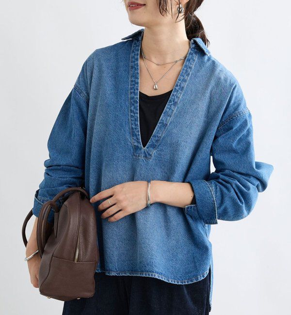  「【MONN.:.(モン)】スキッパーデニムシャツ」|シャツ・ブラウス|ブルー