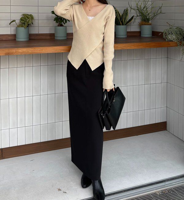  「【新色/ライトベージュ・グレー】クロスVネックニット」|ニット・セーター|