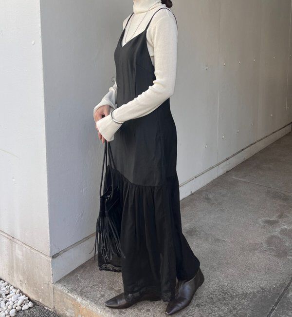  「裾レース切替サテンキャミワンピース」|ワンピース|