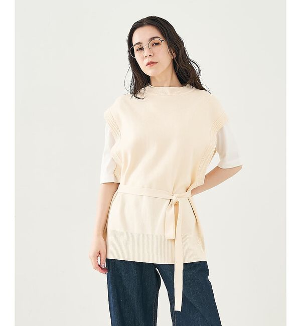 collex「ベルト付バックスリットニットベスト」|ベスト・ジレ|アイボリー