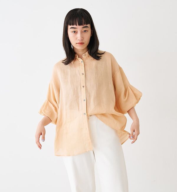 collex「ギャザー&タック半袖リネンブラウス」|シャツ・ブラウス|ピンクベージュ