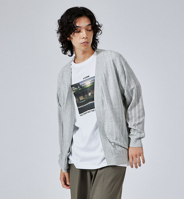 ABAHOUSE「【レース編み】ボタンレスカーディガン/ シアーカーディガン」|カーディガン|グレー