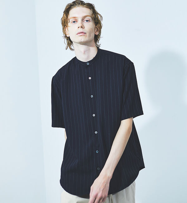 ABAHOUSE「バンドカラー半袖ストライプシャツ」|シャツ・ブラウス|ダークネイビー
