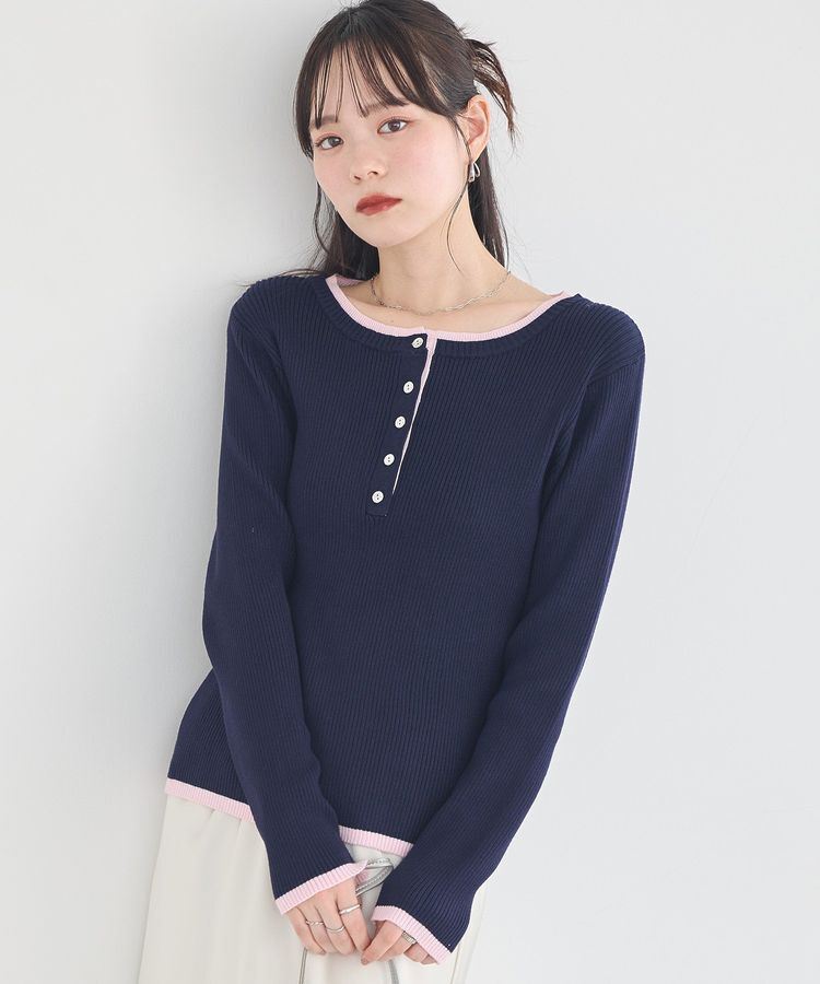 earth music&ecology「バイカラーヘンリーネックニットプルオーバー」|ニット・セーター|Navy