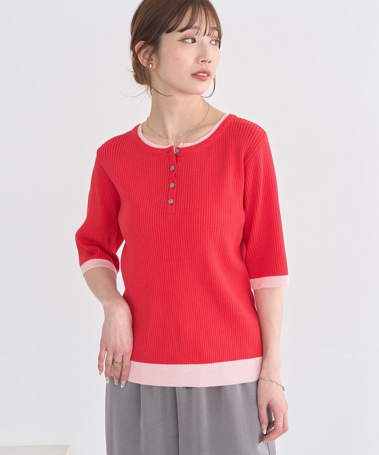 earth music&ecology「ヘンリーネック半袖ニットプルオーバー」|ニット・セーター|Red