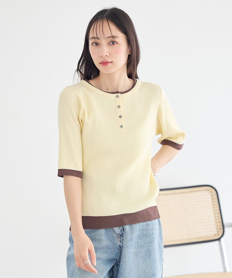 earth music&ecology「ヘンリーネック半袖ニットプルオーバー」|ニット・セーター|