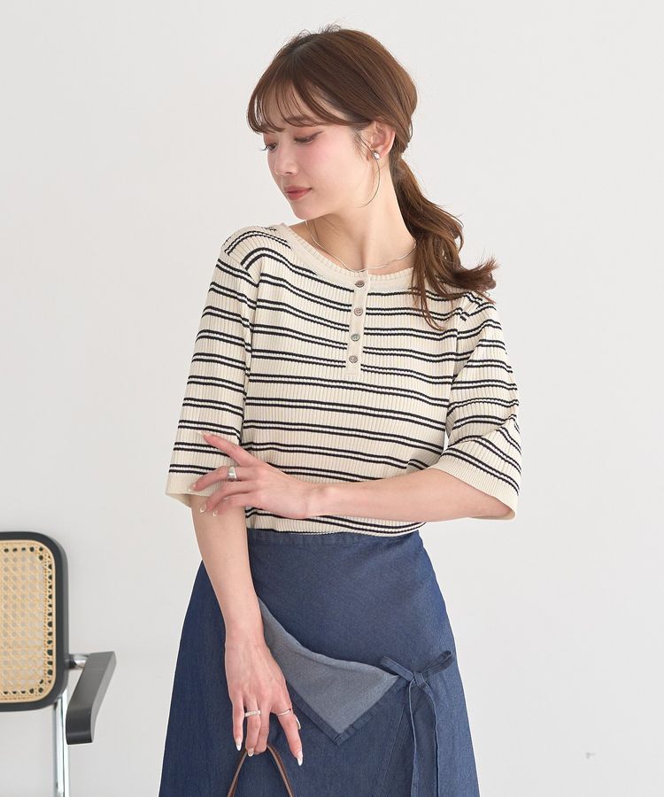 earth music&ecology「ヘンリーネック半袖ニットプルオーバー」|ニット・セーター|