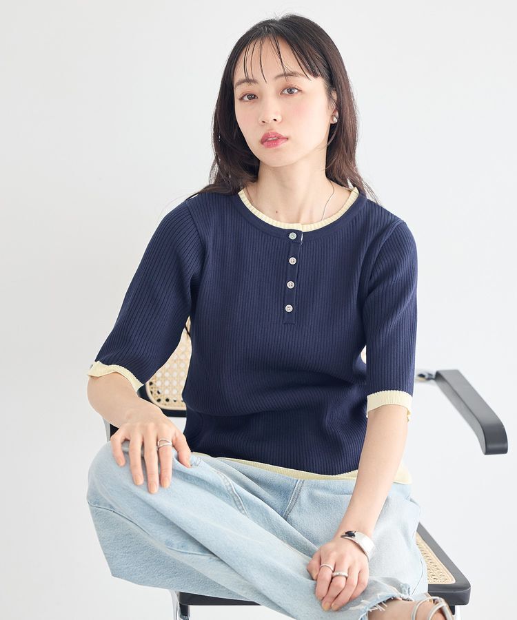 earth music&ecology「ヘンリーネック半袖ニットプルオーバー」|ニット・セーター|