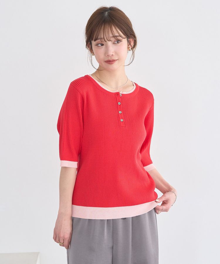 earth music&ecology「ヘンリーネック半袖ニットプルオーバー」|ニット・セーター|