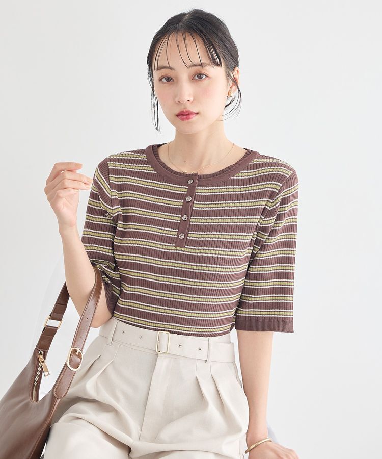 earth music&ecology「ヘンリーネック半袖ニットプルオーバー」|ニット・セーター|