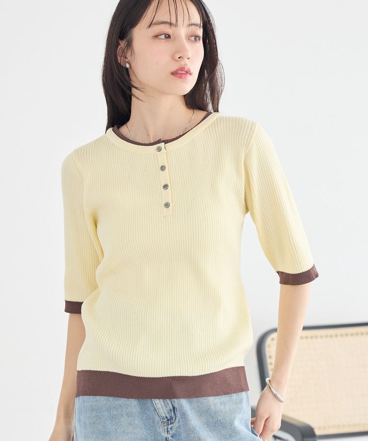 earth music&ecology「ヘンリーネック半袖ニットプルオーバー」|ニット・セーター|Yellow