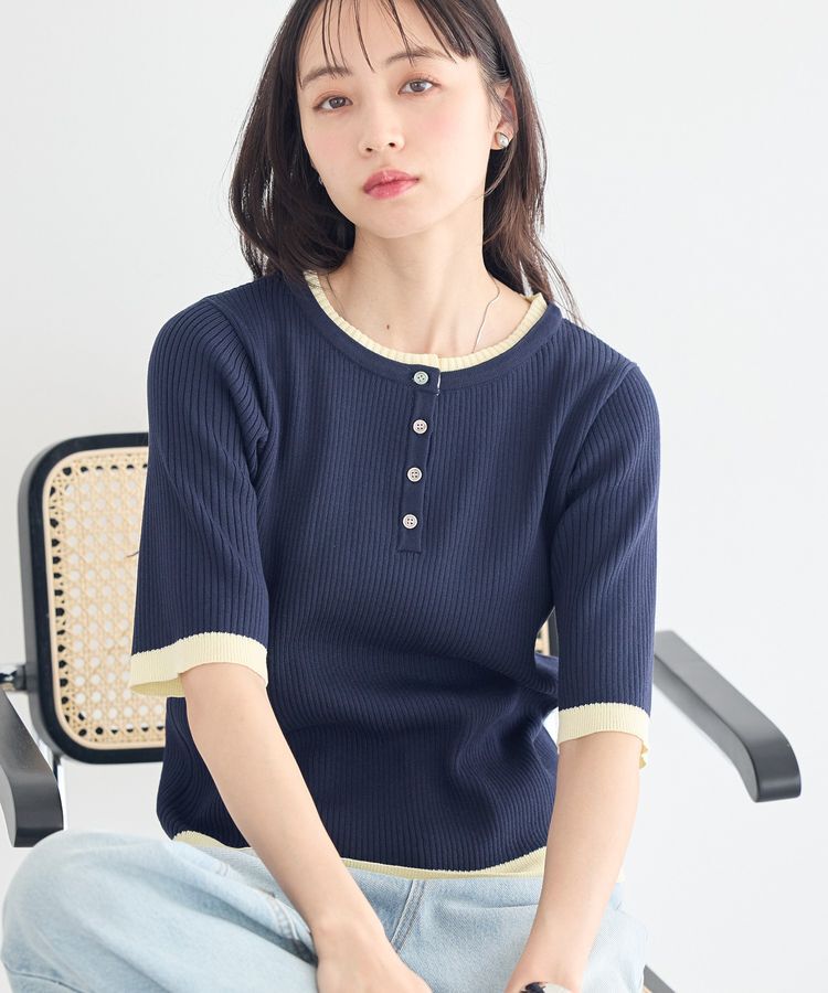 earth music&ecology「ヘンリーネック半袖ニットプルオーバー」|ニット・セーター|Navy