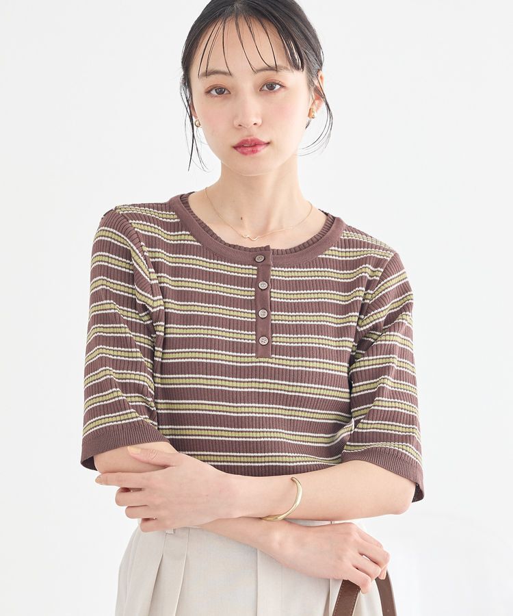 earth music&ecology「ヘンリーネック半袖ニットプルオーバー」|ニット・セーター|Multi