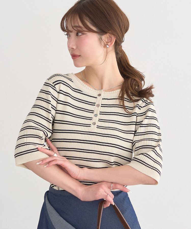 earth music&ecology「ヘンリーネック半袖ニットプルオーバー」|ニット・セーター|Border