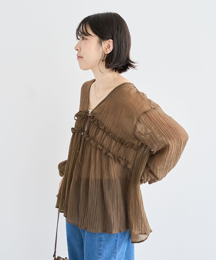 Green Parks「Vネックフリルシアープリーツブラウス」|シャツ・ブラウス|