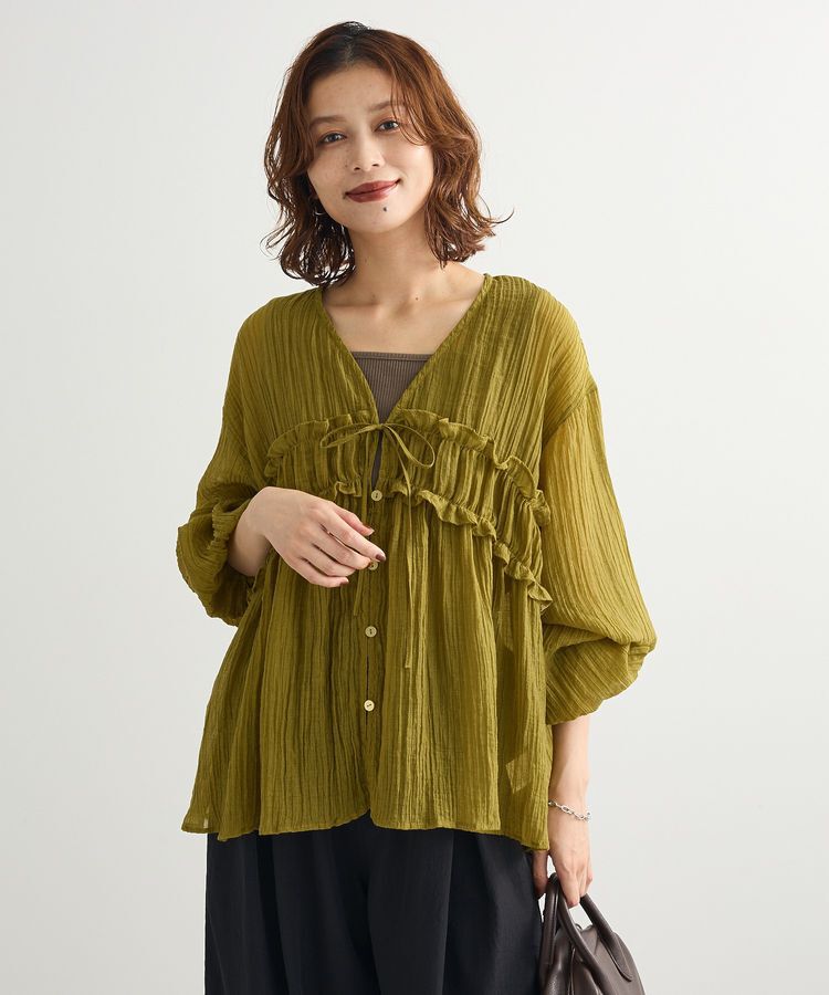 Green Parks「Vネックフリルシアープリーツブラウス」|シャツ・ブラウス|