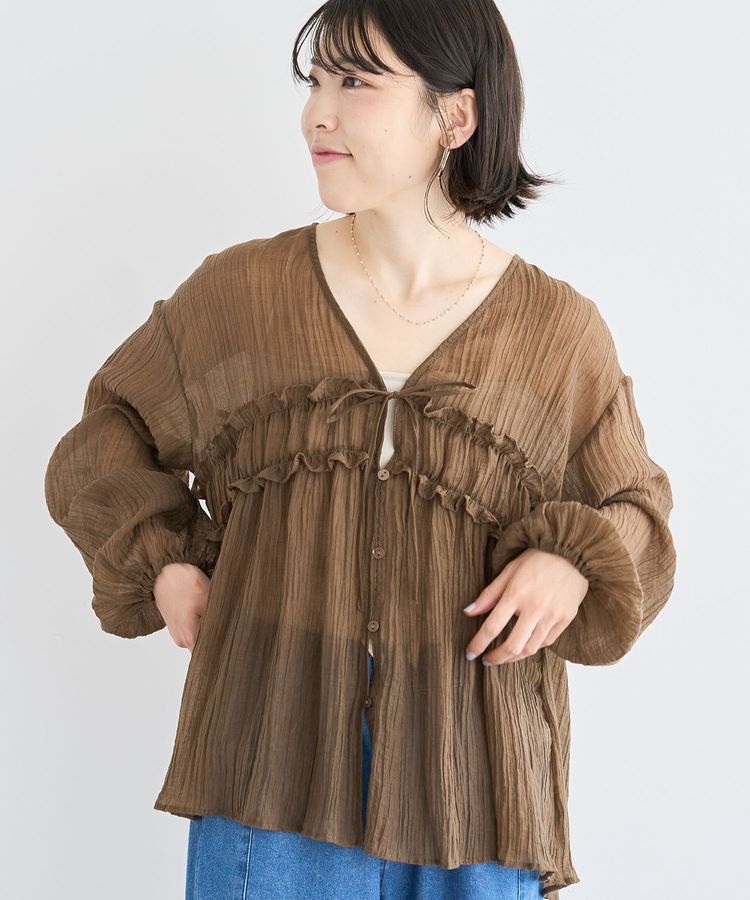Green Parks「Vネックフリルシアープリーツブラウス」|シャツ・ブラウス|Brown