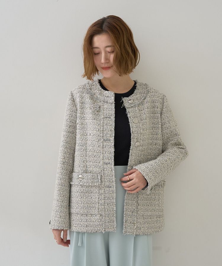 YECCA VECCA「ノーカラーツイードジャケット」|テーラードジャケット|