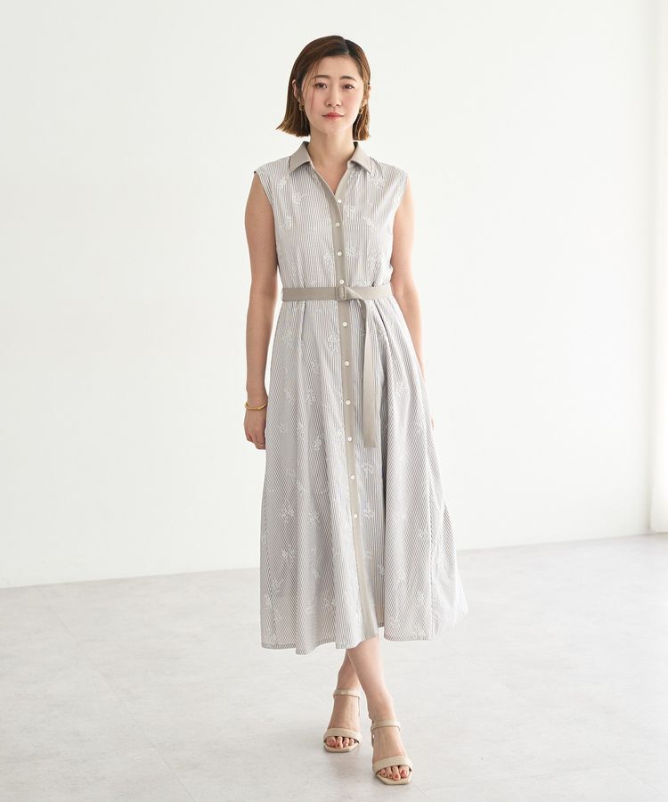 YECCA VECCA「ストライプ柄フラワー刺繍ワンピース」|ワンピース|Beige