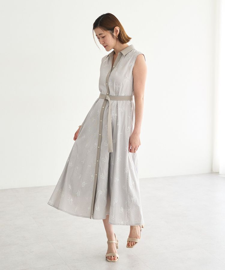 YECCA VECCA「ストライプ柄フラワー刺繍ワンピース」|ワンピース|