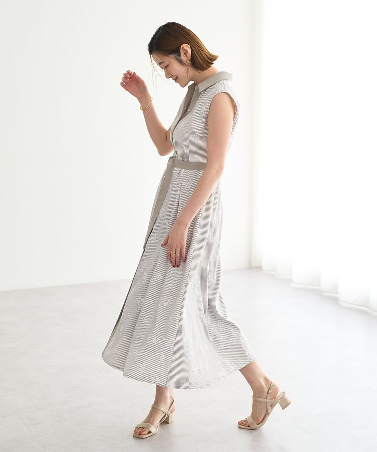 YECCA VECCA「ストライプ柄フラワー刺繍ワンピース」|ワンピース|