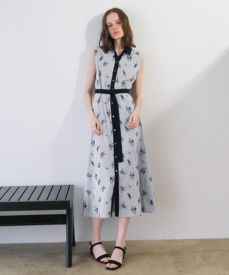 YECCA VECCA「ストライプ柄フラワー刺繍ワンピース」|ワンピース|