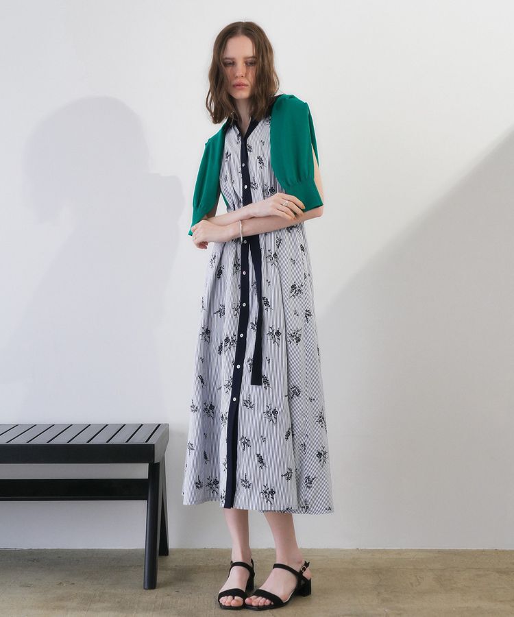 YECCA VECCA「ストライプ柄フラワー刺繍ワンピース」|ワンピース|