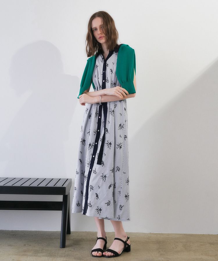 YECCA VECCA「ストライプ柄フラワー刺繍ワンピース」|ワンピース|