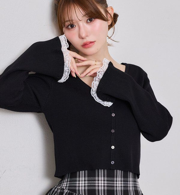  「袖レースカーディガン」|ニット・セーター|ブラック