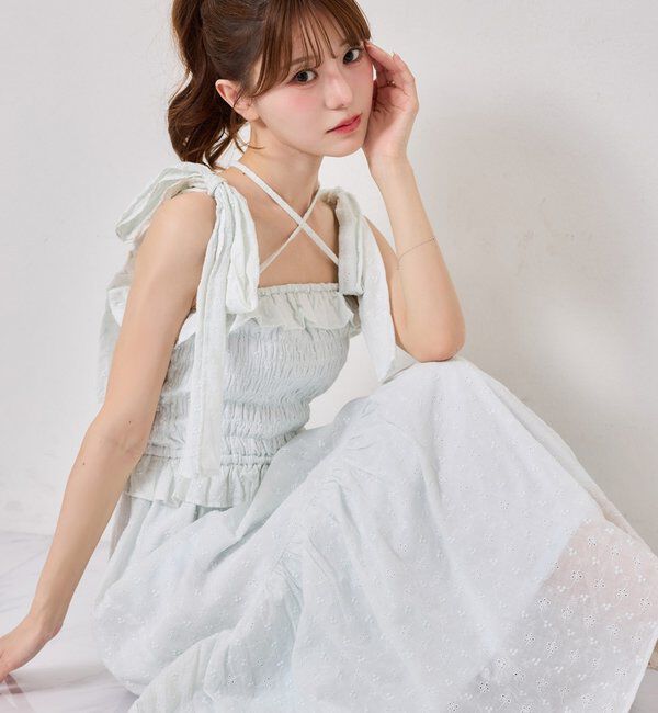  「【SMサイズ展開あり】肩リボンシャーリングキャミワンピ」|ワンピース|サックスブルー