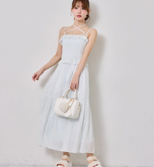  「【SMサイズ展開あり】肩リボンシャーリングキャミワンピ」|ワンピース|