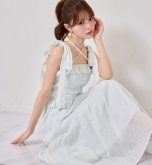  「【SMサイズ展開あり】肩リボンシャーリングキャミワンピ」|ワンピース|