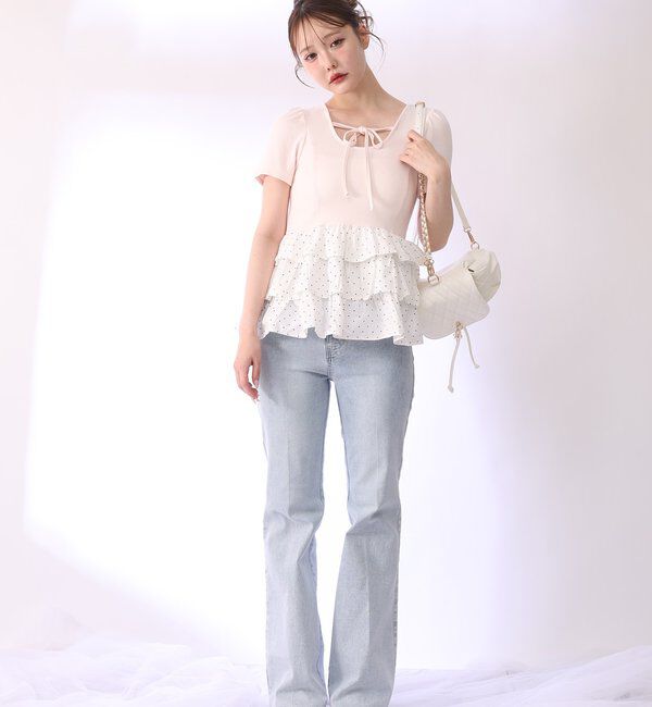  「リボン付き裾フリルペプラムトップス」|プルオーバー|