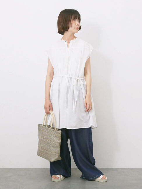 Samansa Mos2 blue「【Made in India】シャーリングノースリーブチュニック」|シャツ・ブラウス|