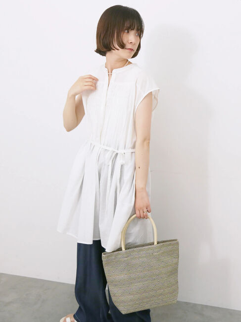 Samansa Mos2 blue「【Made in India】シャーリングノースリーブチュニック」|シャツ・ブラウス|