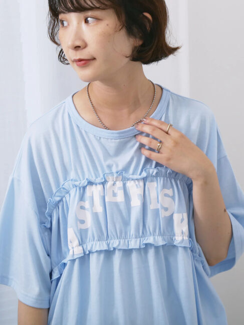 Samansa Mos2 blue「◎【接触冷感】シャーリングドッキングTシャツ」|Tシャツ・カットソー|