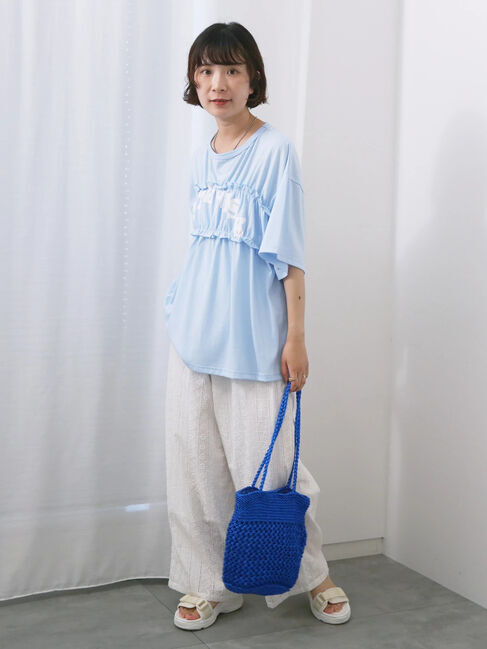 Samansa Mos2 blue「◎【接触冷感】シャーリングドッキングTシャツ」|Tシャツ・カットソー|